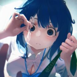 0_0 1girl absurdres blue_eyes blue_hair breasts cleavage collared_shirt condom cum highres holding holding_condom large_breasts long_hair looking_at_viewer make_heroine_ga_oo_sugiru! shirt sklt_(swyt8223) solo white_shirt yanami_anna