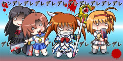 Rule 34 | 4girls, blood, blood on face, bow, chibi, crazy, evil grin, evil smile, fingerless gloves, fuyou kaede, gloves, grin, hair bow, hairband, hashitsuki nata, hatchet, higurashi no naku koro ni, katsura kotonoha, lyrical nanoha, magazine (weapon), magical girl, mahou shoujo lyrical nanoha, multiple girls, nata (tool), non-web source, o o, parody, raising heart, raising heart (accel mode), red bow, red hair, ryuuguu rena, school days, school uniform, shuffle!, smile, socks, staff, standing, takamachi nanoha, takamachi nanoha (aggressor mode), thighhighs, waist cape, white devil, yandere