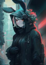 1girl alley animal_ears gloves happy_new_year highres hood hooded_jacket jacket new_year orange_eyes original rabbit_ears red_light sutorobo72 torii