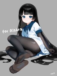 1girl absurdres artist_name ass black_hair black_pantyhose blue_collar blue_eyes blunt_bangs blush closed_mouth collar commission dress earrings eyelashes feet full_body grey_background highres imno_ir jewelry legs long_hair looking_at_viewer mua_(aiharararara) no_shoes original pantyhose second-party_source short_sleeves simple_background skeb_commission skindentation soles solo thighs toes very_long_hair white_dress