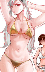 2girls absurdres alternate_eye_color armpits arms_up bikini blush breasts brown_hair collarbone curvy gluteal_fold gold_bikini grey_eyes grey_hair highres large_breasts looking_at_another looking_at_viewer medium_breasts multiple_girls navel nero_watch niijima_makoto niijima_sae open_mouth parted_lips persona persona_5 siblings simple_background sisters solo_focus stomach swimsuit wet white_background white_bikini