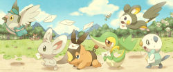 10s bag blue_sky cloud cottonee creatures_(company) day deer deerling deerling_(spring) emolga envelope flying forest game_freak gen_5_pokemon grass hat mailbag minccino mountain mugita_konomi nature nintendo no_humans open_mouth oshawott outdoors pidove pokemon pokemon_(creature) pokemon_bw red_eyes running sky snivy starter starter_pokemon_trio tepig tree walking yellow_eyes