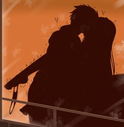 1boy 1girl emilia_(re:zero) fuzzlogik head_back heart hetero highres implied_vaginal missionary orange_background panties panties_around_leg re:zero_kara_hajimeru_isekai_seikatsu sex silhouette simple_background standing standing_sex sweat tongue tongue_out trembling underwear