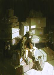1boy absurdres black_hair black_shoes closed_mouth full_body grey_hat grey_jacket hat highres interlocked_fingers jacket male_focus orange_shirt original shirt shoes shorts sitting smile solo sorrowny suitcase yellow_eyes