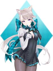 1girl animal_ear_fluff animal_ears black_gloves black_leotard black_pantyhose bow breasts cat_ears cat_girl cat_tail closed_mouth commentary_request cowboy_shot expressionless facial_mark frilled_leotard frills genshin_impact gift gloves green_bow grey_hair hain_(user_katu7583) hair_bow highres holding holding_gift huge_bow leotard long_hair long_sleeves looking_at_viewer lynette_(genshin_impact) pantyhose ponytail purple_eyes simple_background solo star_(symbol) star_facial_mark tail two-tone_gloves white_background white_gloves