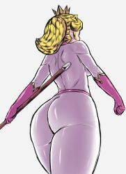 1girl ass backboob blonde_hair bodysuit breasts crown from_below gasvy_man highres huge_ass large_breasts mario_(series) nintendo ponytail princess princess_peach solo the_super_mario_bros._movie weapon