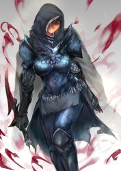 1girl absurdres armor black_gloves black_knife_(elden_ring) black_knife_tiche black_skirt blue_eyes breasts elden_ring gauntlets gloves grey_background highres holding holding_weapon hood hood_up large_breasts lips looking_at_another looking_at_viewer one_eye_covered parted_lips pauldrons pink_lips shaded_face short_hair shoulder_armor simple_background skirt solo weapon white_hair yujieai