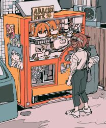 &gt;_&lt; a.i._voice absurdres adachi_rei ahoge alternate_costume android bag black_pants character_name day drill_hair expressionless hair_ribbon hatsune_miku highres holding holding_phone jeon_se joints kasane_teto kasane_teto_(sv) looking_at_another orange_eyes orange_hair outdoors pants phone poster_(object) red_hair ribbon robot_girl robot_joints severed_arm severed_head severed_leg severed_limb shirt shoes short_hair shoulder_bag standing synthesizer_v trash_can twin_drills utau vending_machine vocaloid white_ribbon white_shirt white_shoes wide_shot