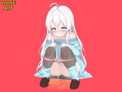 1girl ahoge blue_eyes blush cleft_of_venus female_focus hands_on_own_knees heterochromia loli long_hair original panties panty_pull peeing pink_eyes pink_panties pointy_ears pussy red_background shoes smile socks solo squatting thighhighs tongue tongue_out uncensored underwear very_long_hair white_hair zhineblast
