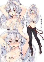 1girl 218 ahoge armpits belt breasts cleavage crop_top female_focus granblue_fantasy hair_between_eyes high_ponytail large_breasts long_hair looking_at_viewer midriff mouth_hold navel ponytail silva_(granblue_fantasy) silver_hair simple_background solo very_long_hair white_background yellow_eyes