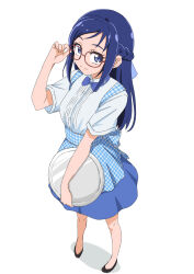 1girl absurdres adjusting_eyewear apron blue_apron blue_bow blue_bowtie blue_eyes blue_hair blue_skirt blush bow bowtie braid checkered_apron checkered_clothes dokidoki!_precure employee_uniform full_body gingham gingham_apron glasses hakuino_hakase high-waist_skirt highres hishikawa_rikka kobeya_uniform long_hair looking_at_viewer plaid_apron plaid_clothes pleated_shirt precure shirt short_sleeves side_braids skirt smile solo tray waitress white_background white_shirt
