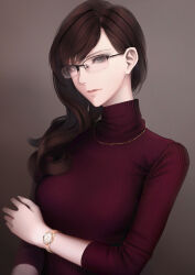 1girl breasts brown_hair erise glasses grey_eyes highres jewelry long_hair looking_at_viewer necklace original parted_lips red_sweater small_breasts solo sweater turtleneck turtleneck_sweater upper_body watch wristwatch