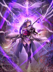 1girl armor artist_name black_panties blunt_bangs braid bridal_gauntlets closed_mouth commentary_request electricity engulfing_lightning_(genshin_impact) floating genshin_impact glowing hair_flowing_over hair_ornament hair_ribbon head_tilt highres holding holding_polearm holding_weapon japanese_clothes kimono long_braid long_hair looking_at_viewer looking_to_the_side low-braided_long_hair low-tied_long_hair mitsudomoe_(shape) mole mole_under_eye neck_ribbon nekobayashi off_shoulder panties pink_lips polearm purple_eyes purple_hair purple_kimono purple_ribbon purple_thighhighs raiden_shogun red_ribbon red_sash ribbon sash shoulder_armor signature single_braid solo thighhighs thighs tomoe_(symbol) underwear watermark weapon wide_sleeves