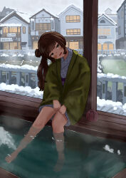 1girl absurdres ashiyu bag barefoot blush brown_hair building drawstring drawstring_bag foot_bath green_haori hair_bun hands_on_lap haori hashtag-only_commentary head_tilt highres japanese_clothes kimono legs looking_at_viewer original print_kimono shiyomifu side_ponytail sitting snow soaking_feet solo