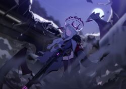 1girl ahoge aiguillette armband artist_request battle black_fur black_halo black_horns black_skirt black_thighhighs black_wings blue_archive boots bullet_hole buttons cleaning_rag coat demon_girl demon_horns demon_wings destruction double-breasted eyes_visible_through_hair fur-trimmed_coat fur_trim game_cg glowing glowing_eyes glowing_halo glowing_horns gluteal_fold gun halo highres hina_(blue_archive) holding holding_gun holding_weapon horns knee_boots long_hair low_wings machine_gun mg42 moon night night_sky non-web_source official_art pencil_skirt purple_eyes red_armband school_uniform side_slit skirt sky solo spoilers thighhighs train_interior very_long_hair weapon wings zettai_ryouiki