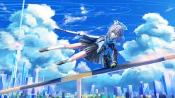 Rule 34 | 1girl, absurdres, animal ear fluff, animal ears, bag, black bag, black jacket, black shoes, black skirt, blue archive, blue eyes, blue halo, blue necktie, blue scarf, blue sky, building, chinese commentary, cityscape, closed mouth, cloud, commentary, cross hair ornament, day, english commentary, full body, gloves, green gloves, grey hair, hair ornament, halo, highres, jacket, looking at viewer, medium hair, mixed-language commentary, necktie, scarf, school bag, shiroko (blue archive), shirt, shoes, shoulder bag, skirt, sky, skyscraper, socks, solo, white shirt, white socks, wolf ears, zagwei