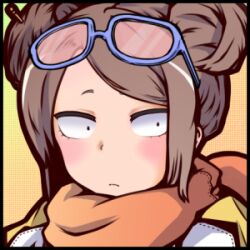 Rule 34 | 1girl, arch bishop (ragnarok online), blue-framed eyewear, blush, brown hair, closed mouth, commentary request, constricted pupils, double bun, expressionless, eyewear on head, hair bun, looking at viewer, lowres, orange background, orange scarf, pink-tinted eyewear, portrait, ragnarok iris, ragnarok online, scarf, short hair, sunglasses, swept bangs, tinted eyewear, upper body