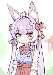 1girl :3 ahoge animal_ears blue_eyes breasts closed_mouth commentary_request eggrice_v fox_ears fox_girl heterochromia highres japanese_clothes long_hair orange_eyes small_breasts solo stellive tenko_shibuki twintails upper_body very_long_hair