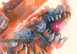 armor artist_name digimitsuart digimon digimon_(creature) dinosaur mouth_cannon no_humans red_armor robot rusttyranomon sharp_teeth shoulder_cannon solo teeth upper_body