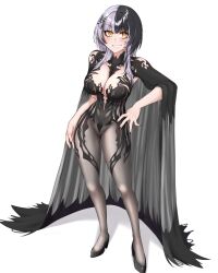1girl absurdres alternate_costume black_cloak black_dress black_hair breasts chronopattern_dress cloak dress full_body grey_hair grin high_heels highres hololive hololive_english large_breasts long_hair meme_attire mmneko multicolored_hair shiori_novella smile solo split-color_hair standing teeth transparent_background virtual_youtuber yellow_eyes