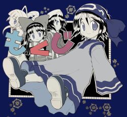 Rule 34 | 4girls, ainu clothes, black hair, hair ribbon, hat, highres, hisashi kadota, legs, long hair, looking at viewer, majikina mina, monochrome, multiple girls, nakoruru, pants, ponytail, rera, ribbon, rimururu, samurai spirits, short hair, siblings, sisters, smile, snk, thighs, traditional media