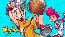 alternate_costume aqua_eyes aqua_pupils armpits ball bare_arms bare_shoulders basketball basketball_(object) basketball_hoop basketball_jersey basketball_shorts basketball_uniform berecca big_hair black_shirt black_shoes black_undershirt blush character_background checkered_clothes clenched_teeth commentary copyright_name copyright_notice english_commentary english_text flat_chest freckles green_eyes gumchi gungho hair_ornament hair_tie hairclip halftone impossible_clothes impossible_hair leg_up logo long_hair motion_lines multicolored_hair ninjala number_print official_art open_mouth outline polka_dot polka_dot_background pompadour ponytail purple_hair purple_outline rianti-wong second-party_source shirt shoes short_hair shorts shuriken slam_dunk_(basketball) sleeveless sleeveless_shirt sneakers sportswear streaked_hair striped_wristband teeth thick_eyebrows tongue undercut v-shaped_eyebrows van_(ninjala) very_long_hair weapon white_hair white_jersey white_shorts wristband x_hair_ornament yellow_jersey yellow_shorts