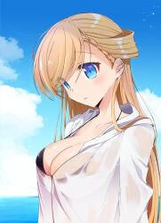 1girl araragi_ayune bikini black_bikini blonde_hair blue_eyes blue_sky braid breasts cleavage collarbone commentary_request day highres isshiki-san_wa_koi_wo_shiritai. large_breasts long_hair outdoors parted_lips rinna_milford sky solo swept_bangs swimsuit swimsuit_cover-up upper_body wet wet_clothes