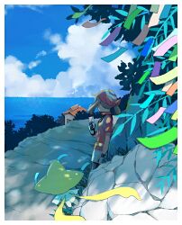 Rule 34 | 1girl, bandana, bike shorts, bike shorts under shorts, breasts, brown hair, fanny pack, gen 3 pokemon, gloves, highres, holding, holding letter, jirachi, legendary pokemon, letter, long hair, may (pokemon), mythical pokemon, nintendo, ocean, outdoors, pokemon, pokemon (creature), pokemon rse, popcorn 91, red bandana, red shirt, shirt, short hair, shorts, shorts under shorts