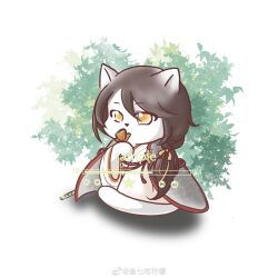 animal animal_focus animalization black_hair bow bug butterfly butterfly_on_hand cape cat character_request chinese_clothes chinese_commentary clothed_animal commentary_request commission copyright_request grey_cape hair_between_eyes hair_bow hair_over_shoulder hanfu highres insect long_hair long_sleeves low_ponytail monarch_butterfly no_humans open_mouth ponytail sample_watermark shadow simple_background solo star_(symbol) tree watermark weibo_watermark white_background white_hanfu wide_sleeves xiaoyu_qixing yellow_bow yellow_eyes