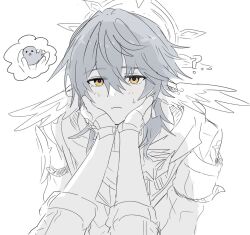 2boys :t ? blush caelus_(honkai:_star_rail) closed_mouth dot_nose grey_hair hair_between_eyes halo hands_on_another&#039;s_face head_wings honkai:_star_rail honkai_(series) image_in_speech_bubble long_sleeves male_focus medium_hair multiple_boys multiple_wings outstretched_arms simple_background sketch solo solo_focus speech_bubble sunday_(honkai:_star_rail) sweatdrop trailblazer_(honkai:_star_rail) white_background wings yellow_eyes yoursansface