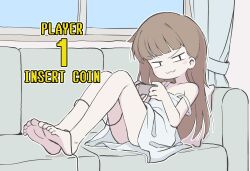 1girl :3 bare_legs barefoot brown_hair child_gf_(orenji) commentary couch dress english_commentary english_text highres indoors knees_up long_hair on_couch orenjipiiru original outline sitting smug soles solo sundress toes white_dress white_outline