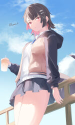 1girl artist_name black_hair breasts cloud colored_inner_hair ellen_joe fins fish_tail hair_ornament hairband hand_on_railing highres hood hoodie izumi_iro long_sleeves metal_hairband mole mole_under_eye multicolored_hair pink_eyes pink_hair pleated_skirt razor_blade_hair_ornament shark_girl shark_tail short_hair skirt sky solo sweater_vest tail thighs twitter_username two-tone_hoodie zenless_zone_zero