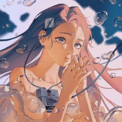Rule 34 | 1girl, amo (amo 0514), blue sky, brown eyes, brown hair, cable, chinese commentary, cloud, cloudy sky, collarbone, commentary request, crying, crying with eyes open, electrodes, floating hair, hands up, highres, interlocked fingers, long hair, looking at viewer, nude, original, outdoors, own hands together, parted hair, parted lips, sidelighting, sky, solo, sunlight, tears, upper body, water, water drop