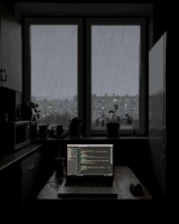 aleha_84 animated city computer laptop looping_animation microwave no_humans original pixel_art plant potted_plant rain refrigerator tagme video window