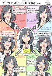 1girl :d absurdres blue_eyes closed_mouth hair_ornament hairclip highres how_to looking_at_another multiple_expressions multiple_views open_mouth original ribbon short_hair smile sweatdrop tatami_(loop)