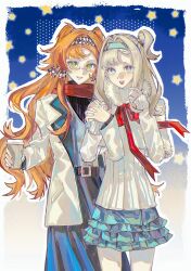 2girls absurdres blue_eyes blue_nails blue_skirt contemporary cup green_eyes grey_hair highres holding holding_cup holding_hands jacket matilda_bouanich multiple_girls orange_hair red_ribbon red_scarf reverse:1999 ribbon sangyu-feiwan scarf side_ponytail skirt sonetto_(reverse:1999) star_(symbol) sweater upper_body white_jacket white_sweater yuri