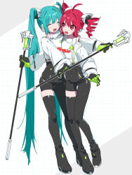 2girls absurdly_long_hair ahoge aqua_hair black_bodysuit blush bodysuit boots closed_eyes cosplay covered_navel drill_hair facing_another flat_chest full_body gloves goodsmile_racing hatsune_miku heart heart_in_mouth highres holding holding_pole hug kasane_teto long_hair long_sleeves looking_at_another michia_(bourgognepony) multiple_girls open_mouth pole racing_miku racing_miku_(2022) racing_miku_(2022)_(cosplay) red_eyes red_hair shirt short_hair single_thigh_boot smile sweatdrop thigh_boots twin_drills twintails utau very_long_hair vocaloid white_shirt