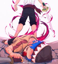 2boys black_pants blood blue_hair brown_shirt buggy_the_clown clenched_hand closed_eyes clown_nose energy eyelashes head_out_of_frame holding holding_sword holding_weapon injury male_focus multiple_boys on_ground one_piece pants shanks_(one_piece) shirt striped_clothes striped_shirt sword vamos_mk weapon