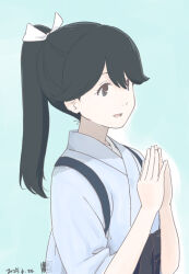 1girl alternate_color black_hair black_hakama blue_kimono brown_eyes dated hakama houshou_(kancolle) japanese_clothes kantai_collection kimono long_hair mihama_machi own_hands_together smile solo tasuki upper_body
