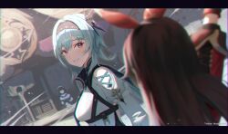 Rule 34 | 3girls, :d, amber (genshin impact), arm up, black border, black hairband, blue cape, blue hair, blue necktie, border, brown hair, cape, chest harness, chromatic aberration, clenched teeth, clothing cutout, cross-laced clothes, cross-laced cutout, day, eula (genshin impact), genshin impact, hair between eyes, hair ornament, hair ribbon, hairband, harness, highres, jacket, katheryne (genshin impact), long hair, long sleeves, looking at another, medium hair, multiple girls, necktie, open mouth, outdoors, red hairband, red jacket, red ribbon, ribbon, shoulder cutout, sidelocks, smile, sunlight, teeth, twitter username, upper body, white sleeves, yellow eyes, zakkuri