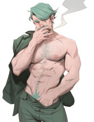 1boy abs arm_hair bara biceps challia_bull chest_hair cigarette commentary_request cowboy_shot facial_hair fokma_(zoisek1) goatee green_eyes green_hair green_jacket green_pants groin gundam gundam_gquuuuuux hair_over_one_eye hand_in_pants highres holding holding_cigarette jacket large_pectorals male_focus muscular muscular_male mustache nipples pants pectorals pubic_hair pubic_hair_peek simple_background smoking solo stomach_hair thick_eyebrows topless_male white_background