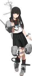 1girl black_hair black_sailor_collar black_skirt brown_eyes full_body hatsuyuki_(kancolle) hatsuyuki_kai_ni_(kancolle) highres kantai_collection long_hair machinery official_art sailor_collar school_uniform serafuku shibafu_(glock23) ship_turret shirt skirt torpedo torpedo_launcher transparent_background white_shirt