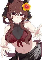 1girl absurdres alternate_costume animal_ears blush breasts brown_hair cleavage closed_mouth collarbone commentary_request commission ekazawa_sdvx gentildonna_(umamusume) hair_between_eyes hair_ornament hair_rings highres horse_ears horse_girl horse_tail large_breasts lens_flare looking_at_viewer navel ocean pixiv_commission reaching reaching_towards_viewer red_eyes smile solo swimsuit tail umamusume