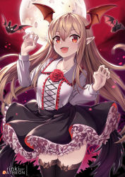 1girl :d animal artist_name bat_(animal) bat_wings black_skirt black_thighhighs blush center_frills collarbone collared_shirt commentary_request fang female_focus fingernails frilled_shirt_collar frills full_body granblue_fantasy hair_between_eyes head_wings highres light_brown_hair lo_xueming long_hair long_sleeves open_mouth petals petticoat pouncing red_eyes red_sky red_wings shirt skirt sky smile solo thighhighs vampy very_long_hair white_shirt wings