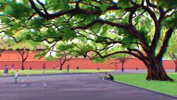 Rule 34 | absurdres, bird, building, chinese commentary, chromatic aberration, commentary, commentary request, day, english commentary, fangpeii, grey bird, highres, mixed-language commentary, original, outdoors, park, path, people, road, scenery, sitting, spring (season), standing, tree, white bird