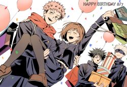 1girl 3boys birthday carrying fushiguro_megumi gakuran gojou_satoru happy_birthday highres hood hoodie itadori_yuuji jujutsu_kaisen kugisaki_nobara multiple_boys princess_carry red_hoodie ryoikitenkai_28 school_uniform spiked_hair teacher_and_student undercut