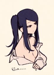 Rule 34 | 1girl, absurdres, breasts, cigarette, cleavage, commentary, highres, holding, holding cigarette, jill stingray, long sleeves, medium breasts, no bra, off shoulder, purple hair, red eyes, rnna, shirt, sidelocks, simple background, solo, upper body, va-11 hall-a, white background, white shirt