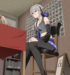 Rule 34 | 2girls, bare shoulders, breasts, chair, cleavage, detached sleeves, globe, grey hair, long hair, multiple girls, rasupekuto, red eyes, sitting, sweatdrop, vocaloid, yowane haku