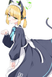 1girl absurdres animal_ear_headphones animal_ears apron black_dress blonde_hair blue_archive blush cat_tail dress fake_animal_ears fang green_eyes headphones highres isocha long_sleeves looking_at_viewer maid maid_apron maid_headdress midori_(blue_archive) midori_(maid)_(blue_archive) official_alternate_costume open_mouth puffy_long_sleeves puffy_sleeves short_hair simple_background solo tail white_apron white_background