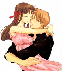 1boy 1girl brown_hair carrying couple dress fruits_basket hair_ribbon hetero honda_tooru hug long_hair lowres orange_hair pink_dress ribbon smile sohma_kyou